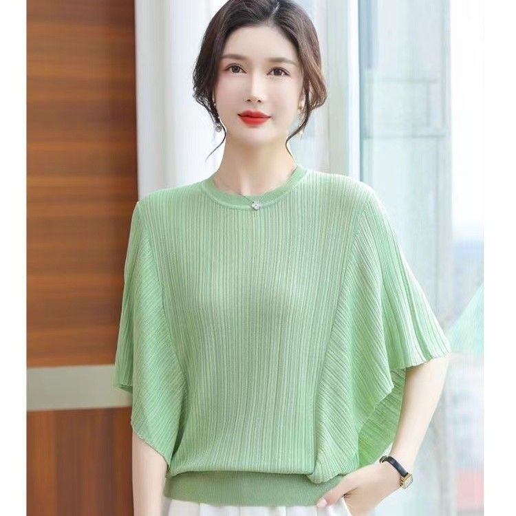 Cross-border Design Sense Thin Ice Silk Knitted Sweater Top 2025 Summer New T-shirt Women's Belly Covering Flying Sleeve plus size Women's Clothing Cross-border Design Sense Thin Ice Silk Knitted Sweater Top 2025 Summer New T-shirt Women's Belly Covering Flying Sleeve plus size Women's Clothing