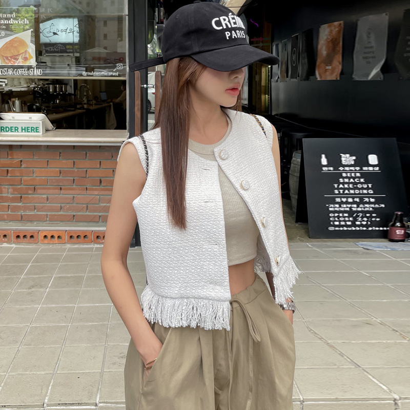 Korean Chic Small Fragrant Round Neck Splicing Tassel Raw Edge Design Versatile Pure Color Tweed Vest Top 2 Colors
