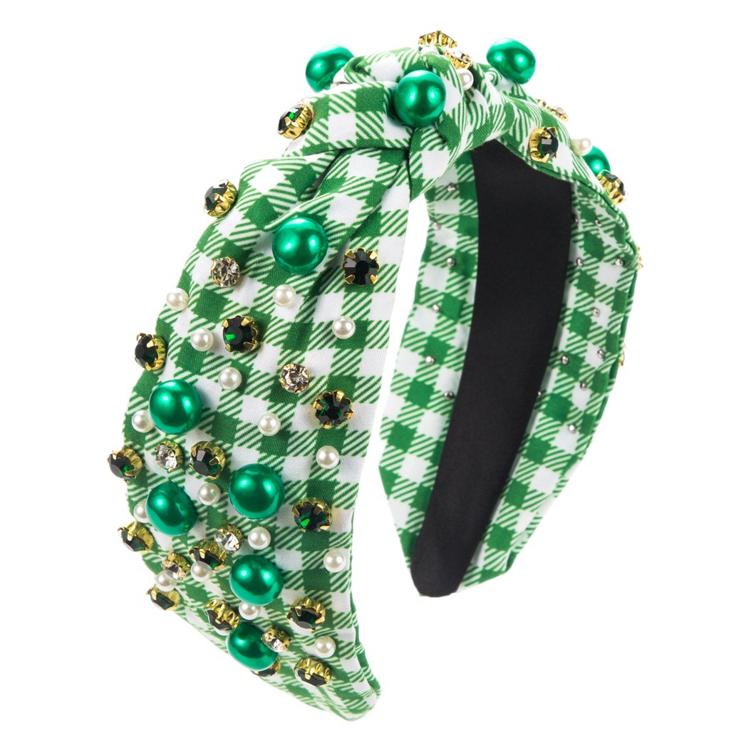 Transfronterizo tendencia de impresión rejilla tela arte conjunto diamante Hairband femenino retro clásico verde fragancia accesorios para el cabello Tarjeta de pelo al por mayor