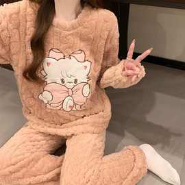 卡通MIKKO圆领女士珊瑚绒睡衣秋冬加绒法兰绒保暖长袖家居服批发