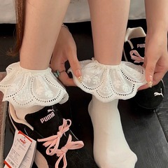 白色花边袜子女中筒袜夏款纯棉芭蕾风配德训鞋ins堆堆袜韩系短袜