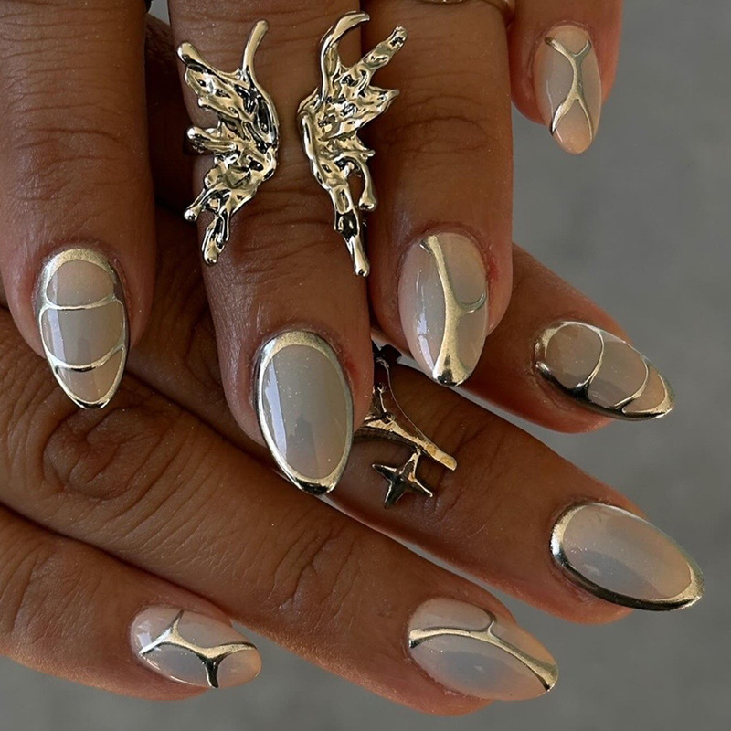 Wearable Nail Patches Cross-Border Popular Silver Metal Lines High-End Nude Color Asymmetrical Manicure Patches Fake Nails