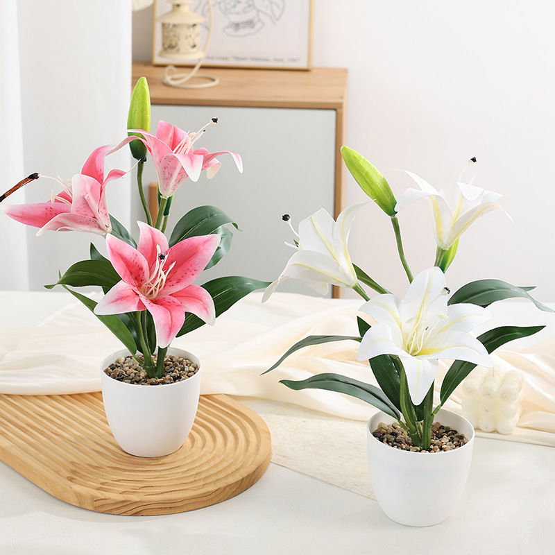 外贸3D大头百合花三头仿真百合家居落地假花装饰婚礼花艺盆栽摆件|undefined