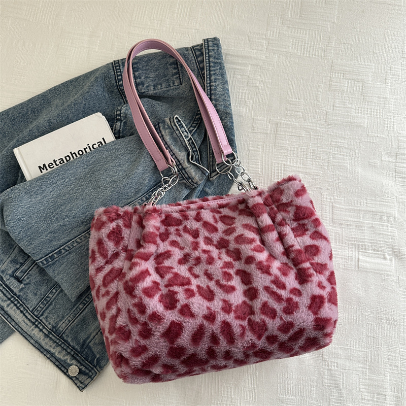 2024 nuevo estilo coreano bolso grande de felpa estilo ins bolso de gran capacidad de un solo hombro bolso de lana bolso casual con estampado de leopardo