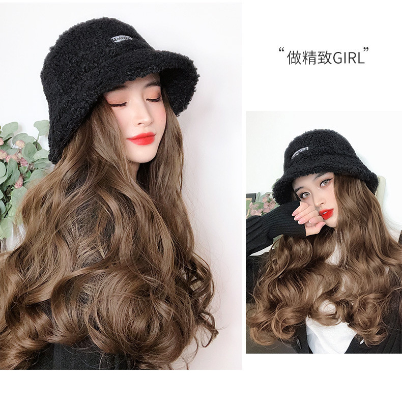Hooded wig long hair women wholesale lamb wool fisherman hat wig set wig one autumn and winter water corrugated wig hat Hooded wig long hair women wholesale lamb wool fisherman hat wig set wig one autumn and winter water corrugated wig hat