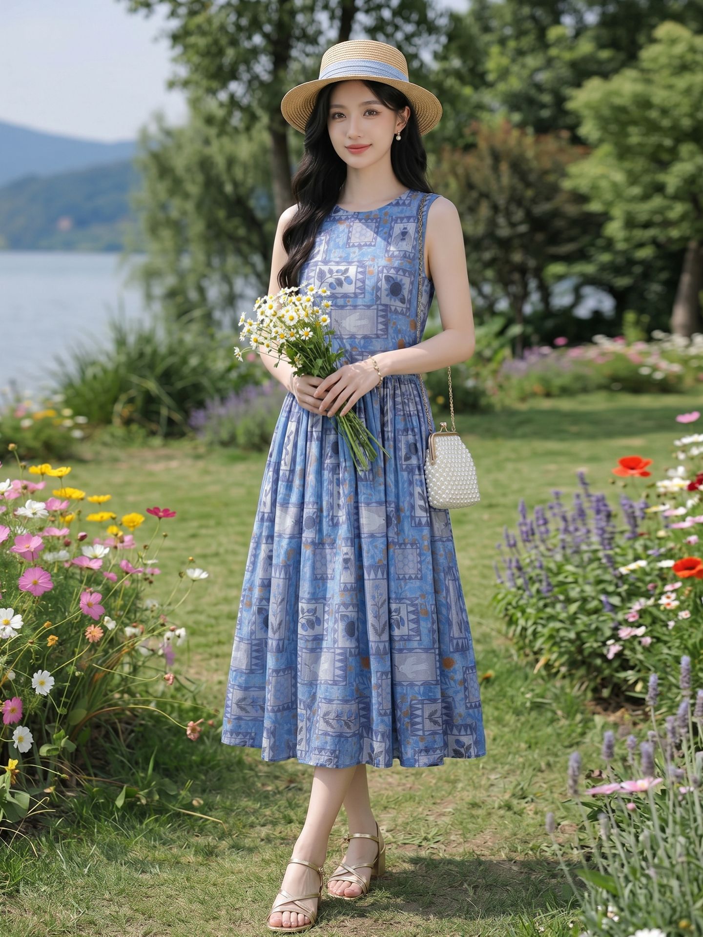 Đầm maxi nữ họa tiết hoa nhí không tay cổ tròn dáng suông thắt eo — Màu ảnh
