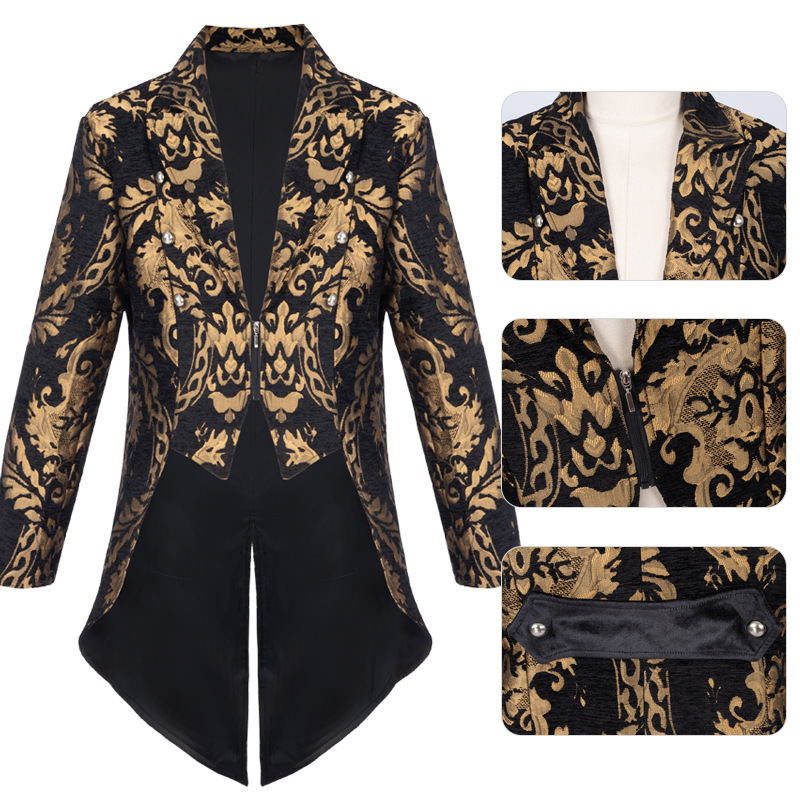 Medieval Tailcoat Gothic Steampunk Tailcoat Jacket Black Brocade Satin Wedding Coat Gothic Style