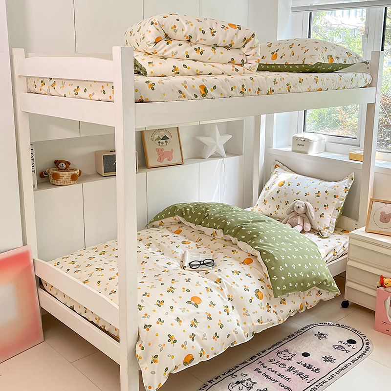 Juego de sábanas impresas de algodón de cuatro piezas Juego de tres piezas para estudiantes individual y doble, dormitorio doméstico de primavera y verano, sábanas lavables a máquina