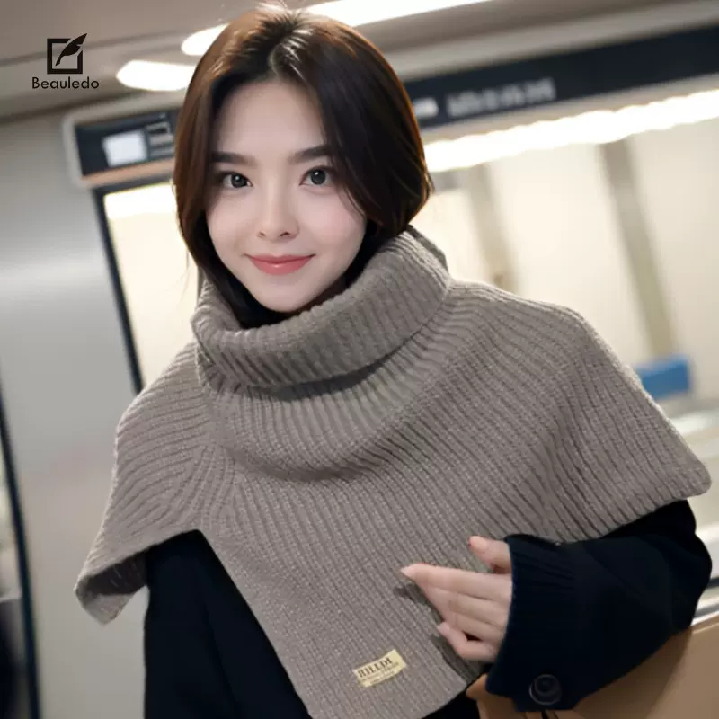 2024冬季新款披肩针织百搭高领高级感韩国女单色保暖开叉围巾围脖