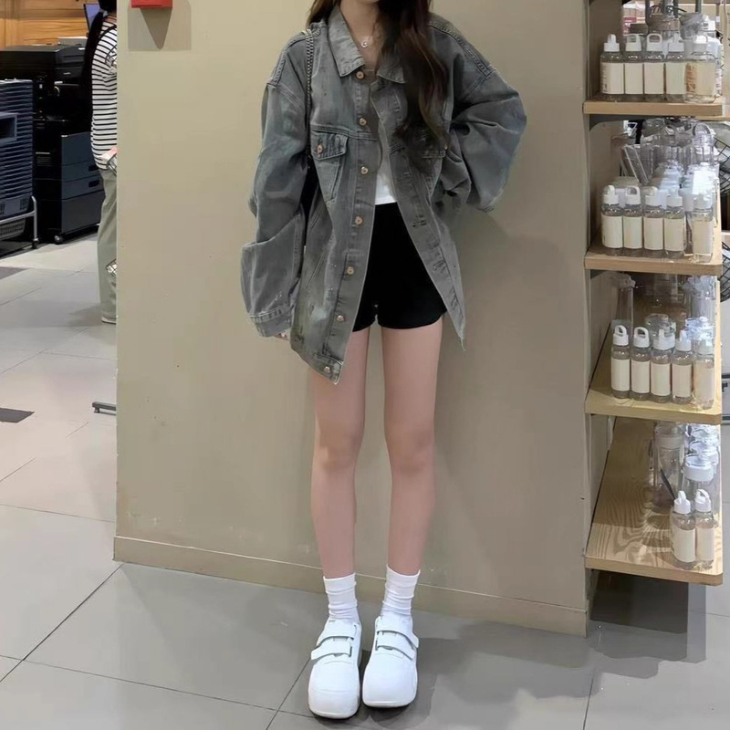 American Retro Washed Blue Denim Jacket for Women, New Autumn Style, Loose and Casual, Turn-Down Collar, Trendy Top