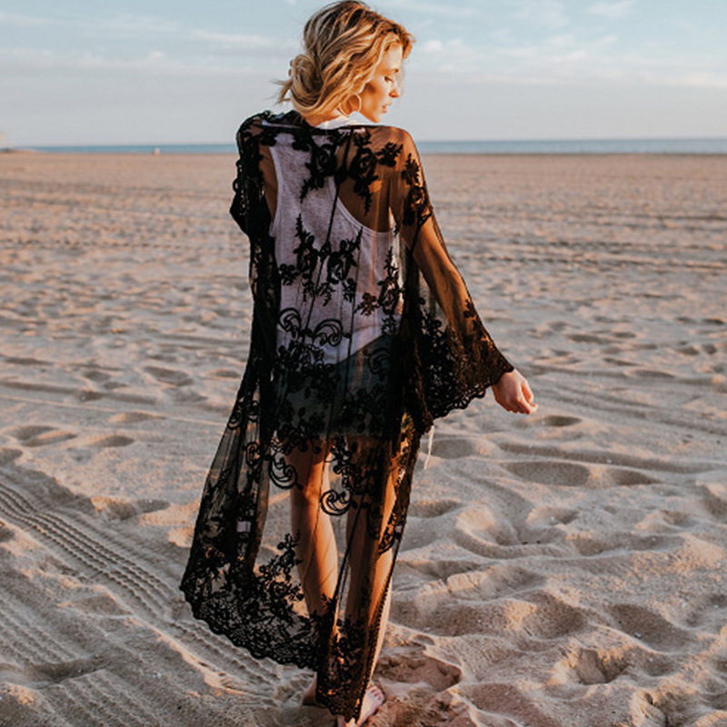 Blusa larga 2022 ropa de mujer europea y americana bordado de primavera y verano color sólido bordado bikini suelto playa cabello ropa de protección solar