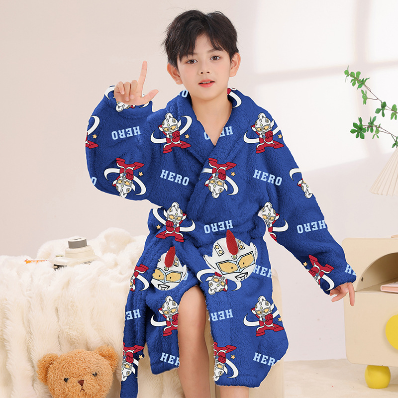 女童秋冬款睡袍2025新款法兰绒男孩冬季浴袍儿童珊瑚绒家居服睡衣