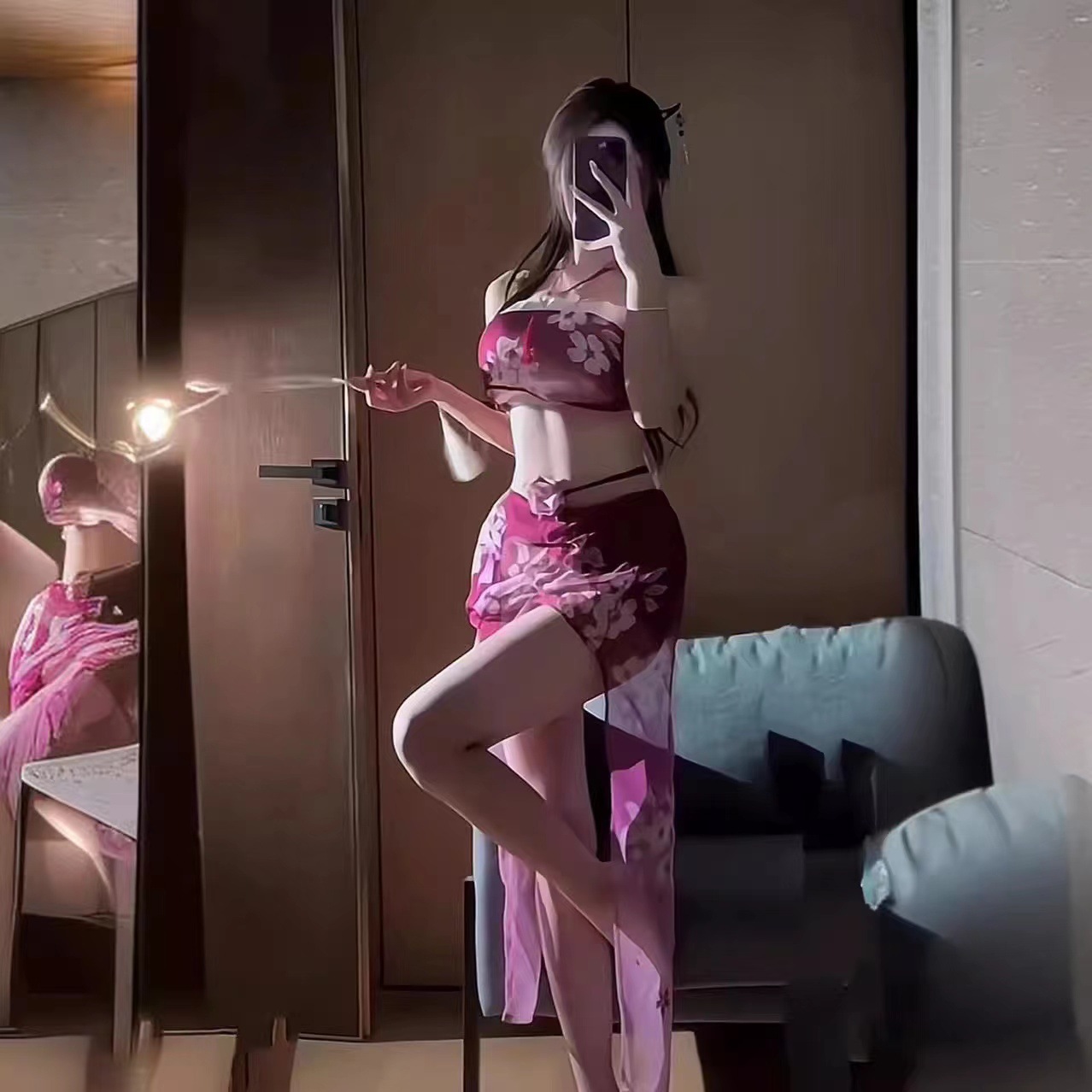 Retro Cheongsam Uniform Lingerie Set with Cut-Out Design, Ultra-Short Hip Skirt, 4-Piece — detail image 3