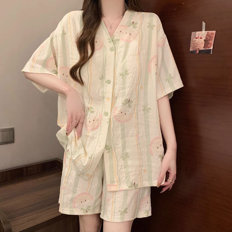 パジャマパジャマ女性の夏半袖 2025 新しいクラウド綿薄いウェアラブルホーム服セット卸売|undefined