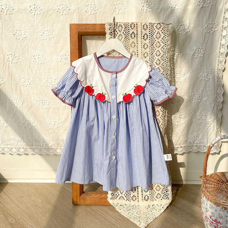 韩国童装苹果刺绣女童连衣裙2024夏款洋气条纹短袖衬衫裙子小众风