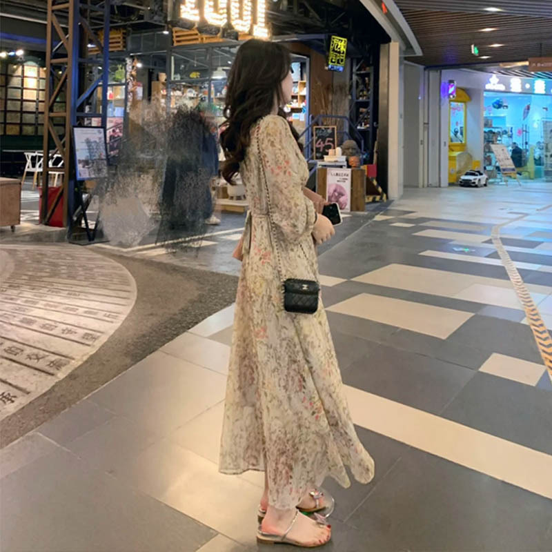 Floral Dress Women's Spring and Summer New Long Korean Style Fresh and Sweet Waist Slimming Fairy Skirt Beach Vacation