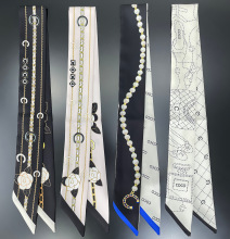 香臣服饰秋季新款珍珠链条小花女士绑包包丝带发带飘带小领巾丝巾