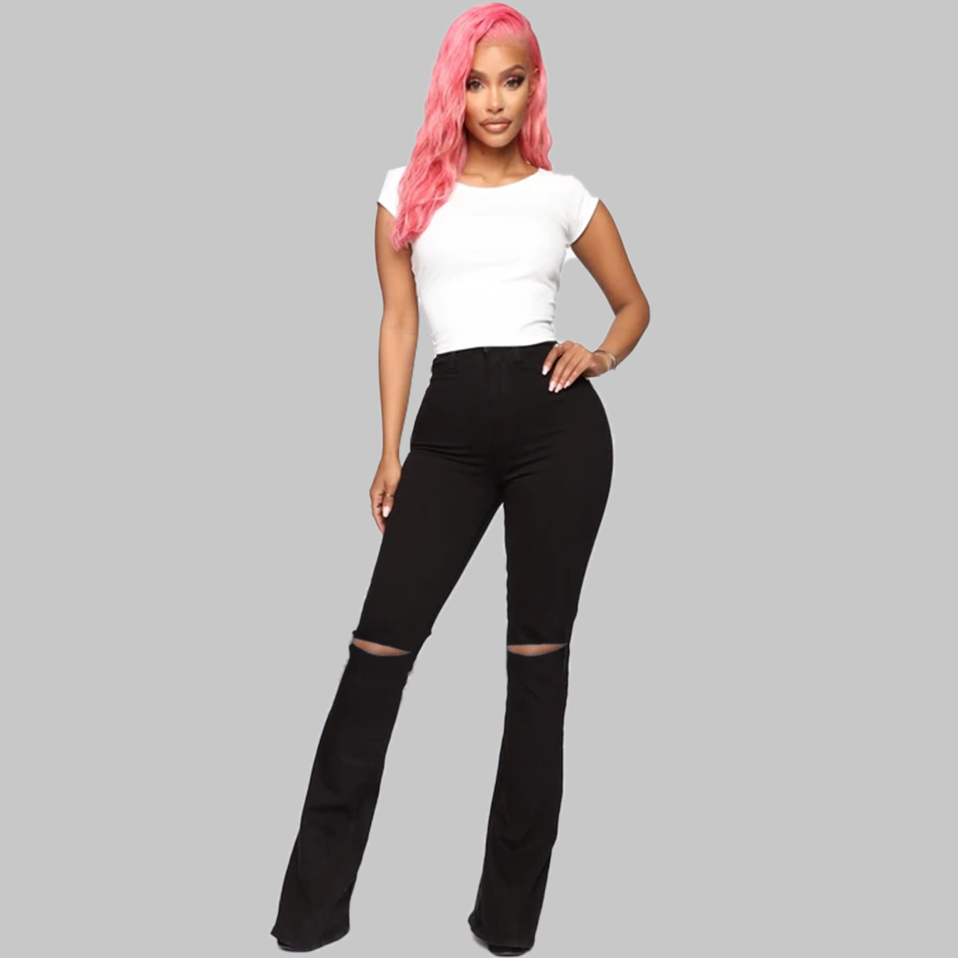 High Waist Slim Ripped Flared Jeans NSWL78895
