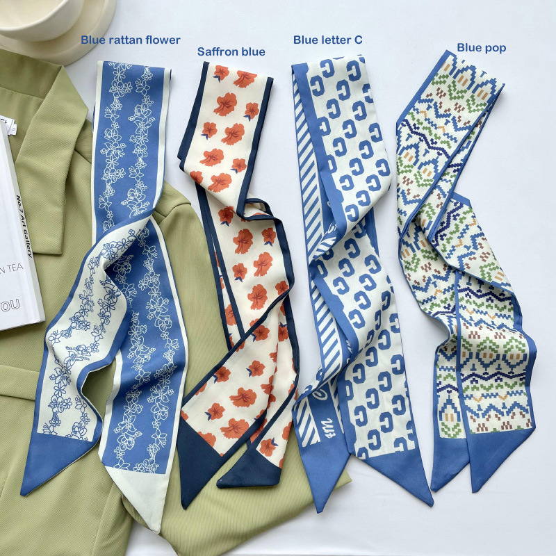 Fina y estrecha pequeña bufanda de seda de las mujeres de estilo coreano todo fósforo Azul pequeña flor bolsa de corbata de pelo cinta decorativa cinta de estilo coreano banda de pelo