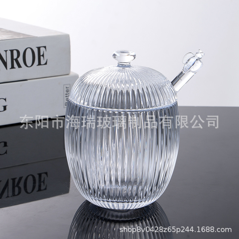 新款竖纹玻璃蜂蜜罐  带盖带搅拌棒糖果缸 居家燕窝燕麦牛奶搅拌
