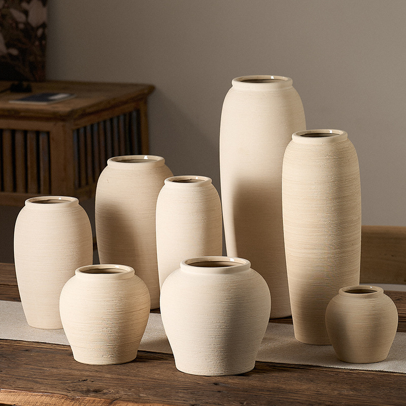 Wabi-Sabi Style Ceramic Vase, Hand-Pulled Ornaments, Modern Simple Pattern Floor-Standing Ceramic Pot, Flower Arrangement, Dried Flower Model Room