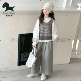 女童春秋时髦套装2025新款儿童背心三件套女孩网红春装阔腿裤潮流