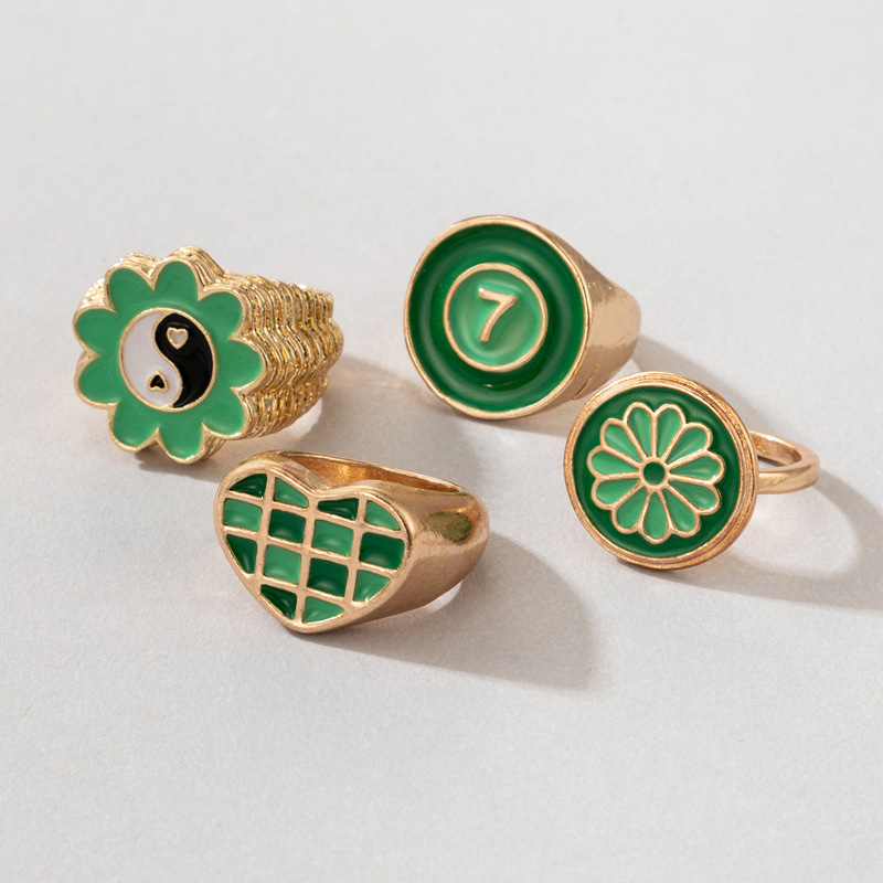 Simple Fashion Green Hit Color Tai Chi Flower Grid Heart Number 7 Drops Oil Ring 4-piece Set display picture 4