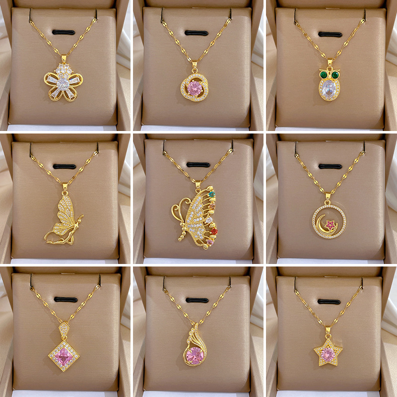 Fashion Star Butterfly Stainless Steel Inlay Zircon Pendant Necklace 1 Piece