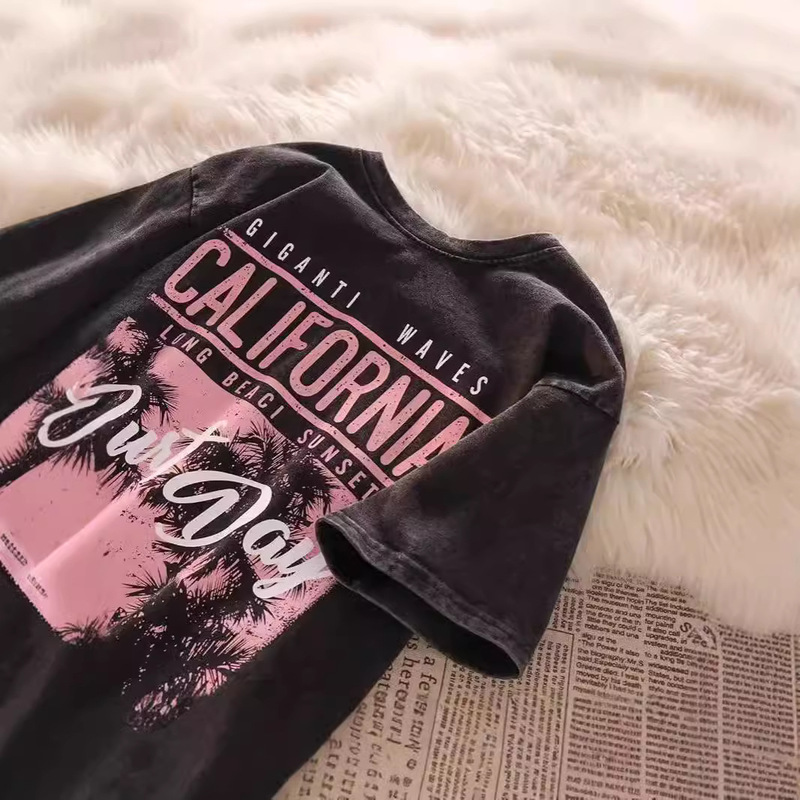 Heavy Weight Cotton Washed Distressed Short-Sleeved T-Shirt for Men and Women Summer American High Street Hip-Hop Large Size Trendy Brand Half-Sleeved T-Shirt