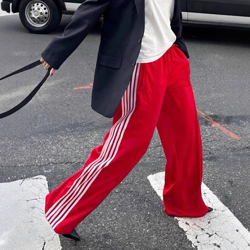 Y2K Autumn Sports Style Loose Side Stripe Patchwork Jogger Elastic Waist Casual Versatile Pocket Pants Cross-Border