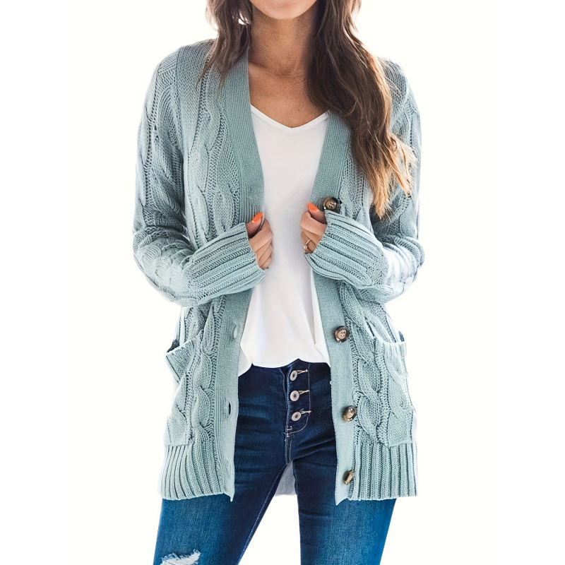 2025 Cross-Border New European and American Women's Cable Knit Cardigan Long-Sleeve Button-Up Cross-Border Dropshipping