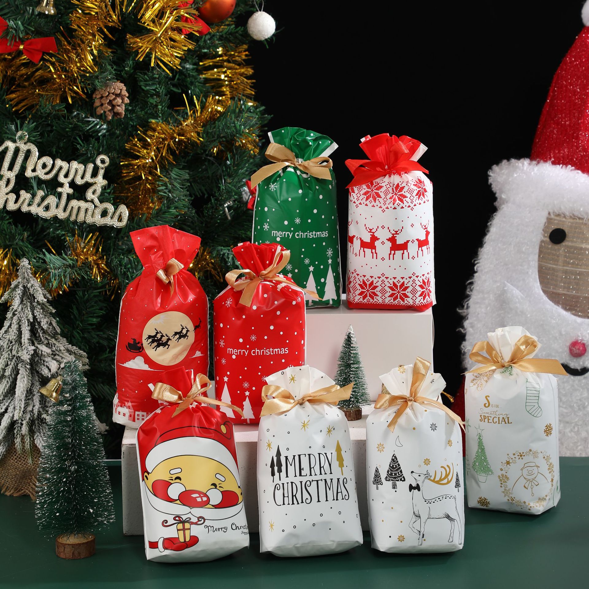 Bolsa de embalaje de Navidad transfronteriza Amazon bolsa de dulces para hornear copo de nieve bolsa de cordón de alimentos crujientes bolsa de cordón de fruta segura