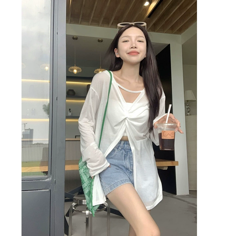 Плюс размер, тонкая солнцезащитная одежда с v-образным вырезом и длинными рукавами для женщин, лето 2025, новая верхняя блузка на подтяжках для полных мм, топ