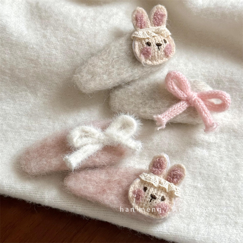 Sweet Cute Bunny Pink Girl Heart Hairpin Bow Plush BB Clip Bangs Side Hand-made Hair Headwear