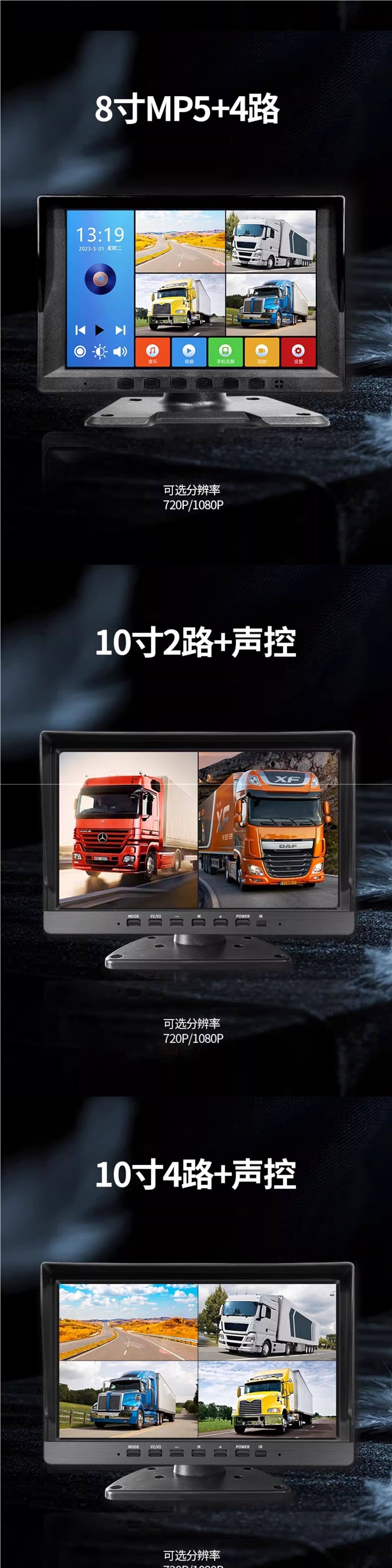 Truck reversing camera MP5 on-board display screen, two-channel or four-channel high-definition monitoring, 24V dashcam monitor