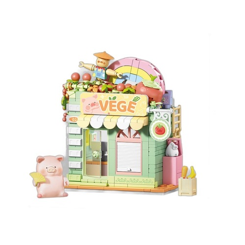 Senbao Building Blocks LULU Pig 608071-77: Bookstore, Burger Shop, Flower Store, and Fruit & Vegetable Shop – Street Scene Girl Series Toy