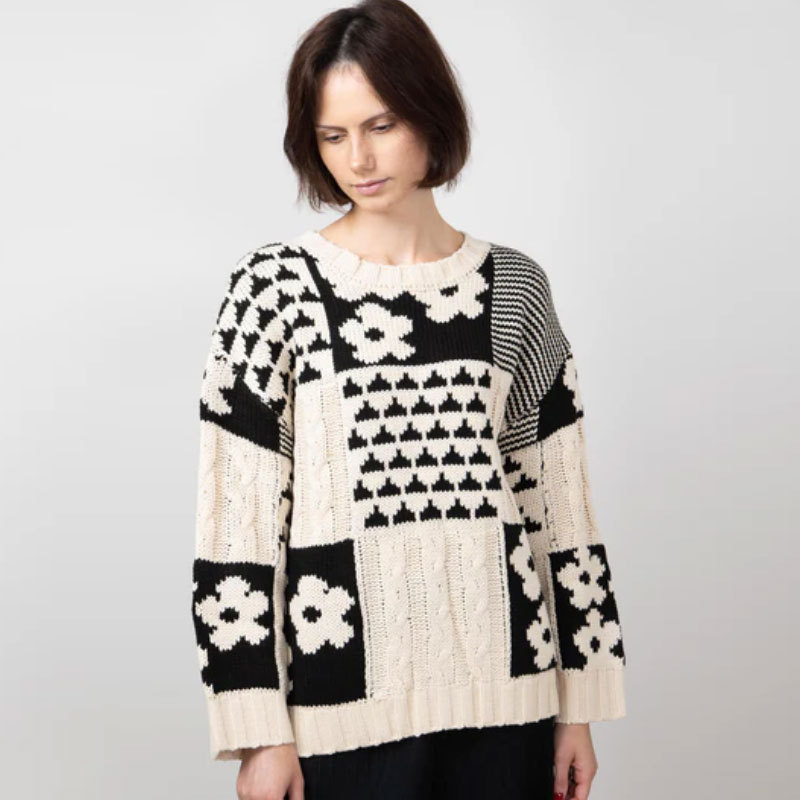 Women's Pullover Sweater Square Flower Casual Loose Round Neck_voghion.com