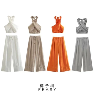 亚马逊跨境外贸欧美女装2024夏季新款挂脖领上衣阔腿裤套装