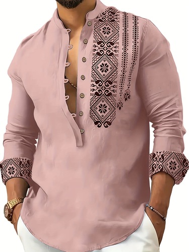 Men's Ethnic Style Geometric Print Stand Collar Long Sleeve