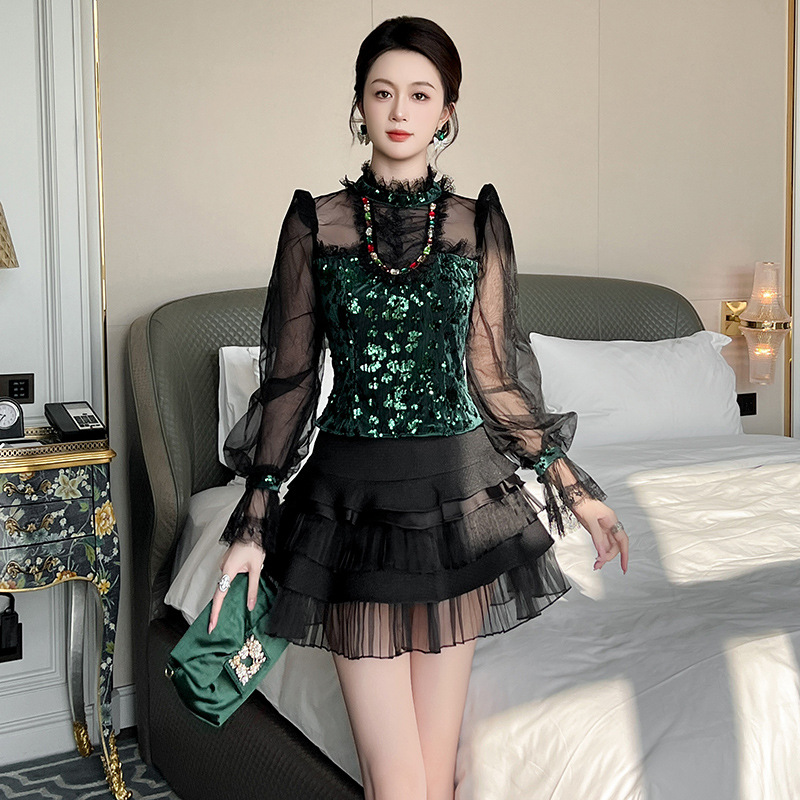 2025秋装新款甜辣纯欲性感辣妹上衣设计感亮片修身打底衫女91671