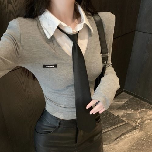 Autumn vacation two sets of academic style tie fake two-piece shirt women's autumn pure desire hot girl top base shirt