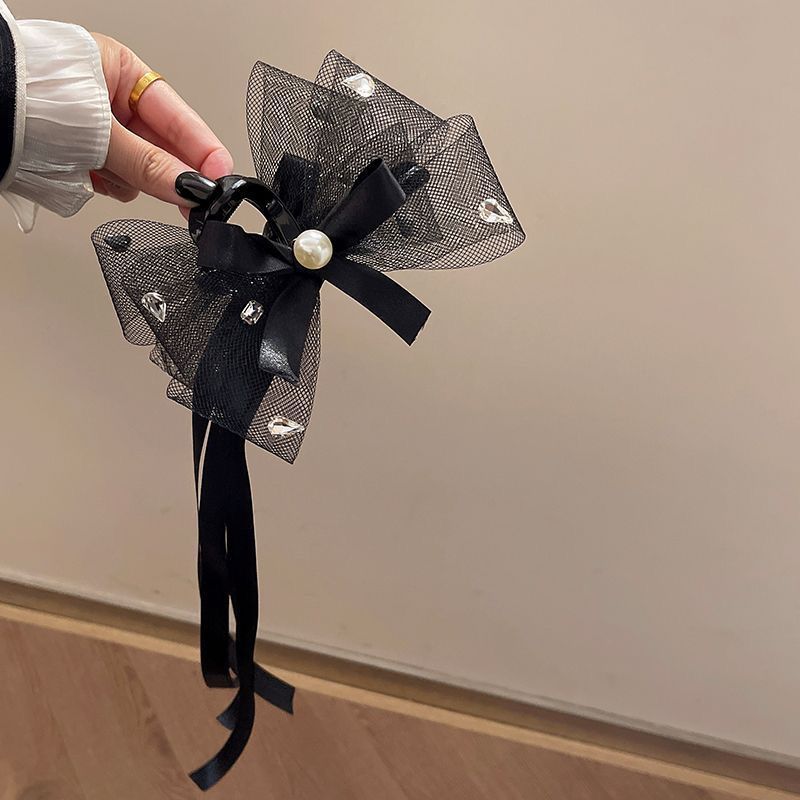 2024新款黑色網紗布藝蝴蝶結髮夾抓夾後腦勺高級感鯊魚夾氣質髮飾