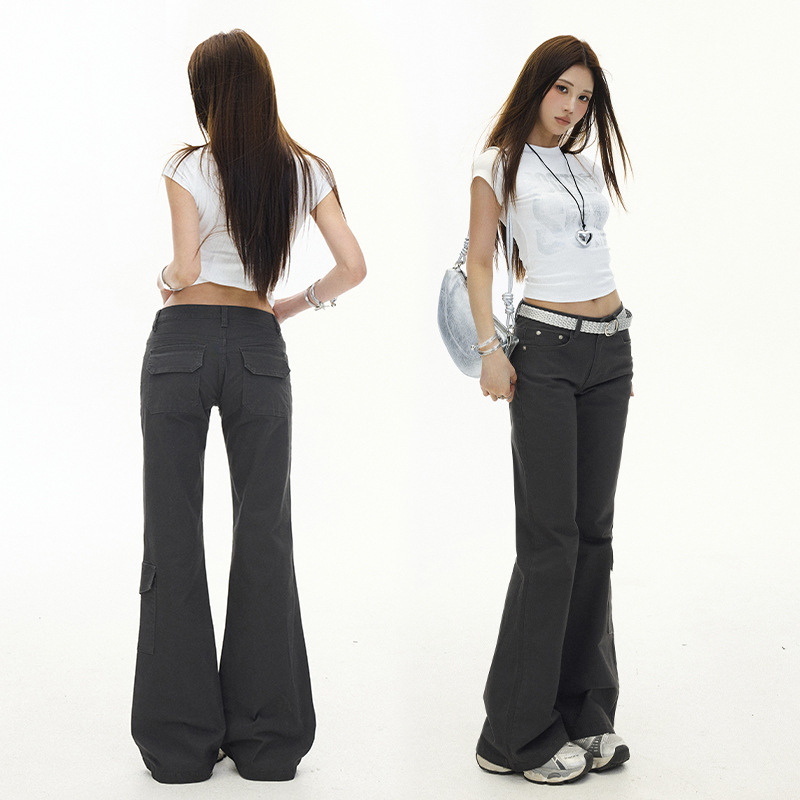 American Retro Style Solid Color High-End Gray Pocket Workwear Low-Waist Flared Slim-Fit Stretch Jeans American Retro Style Solid Color High-End Gray Pocket Workwear Low-Waist Flared Slim-Fit Stretch Jeans