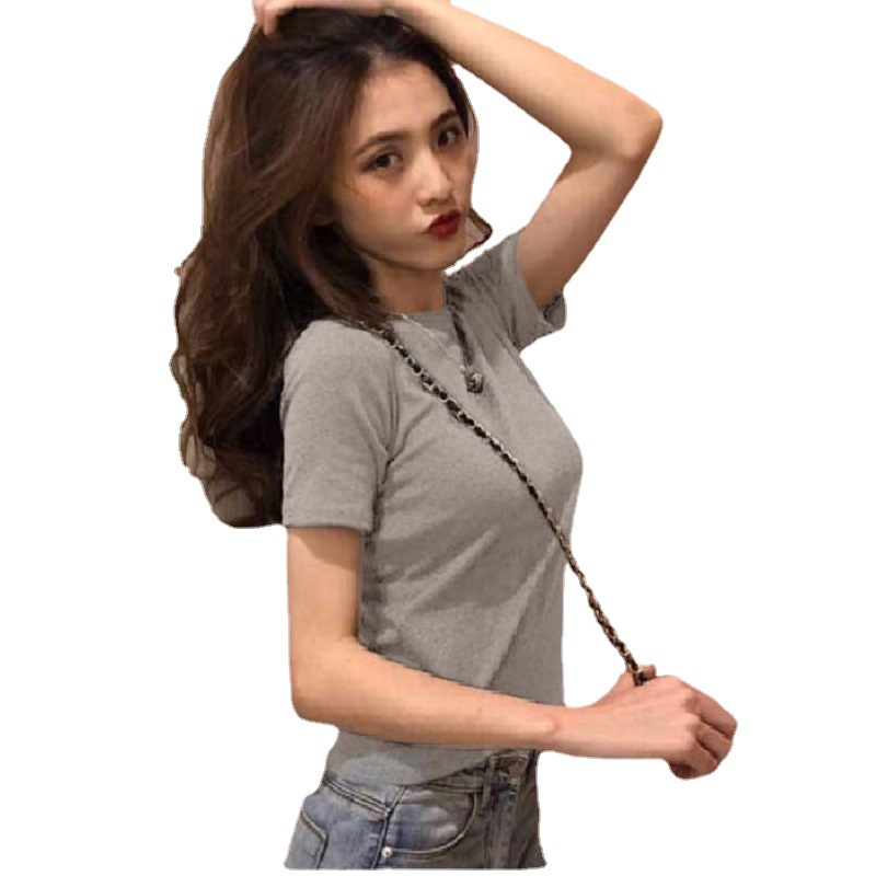 Fashionable round neck solid color short sleeved t-shirt for summer Korean women's new clothing_voghion.com