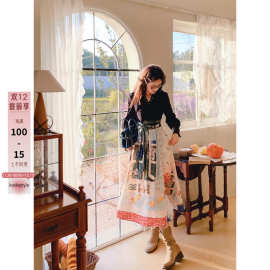 古拉良复古设计感法式油画连衣裙氛围感叠穿印花长裙秋冬大衣