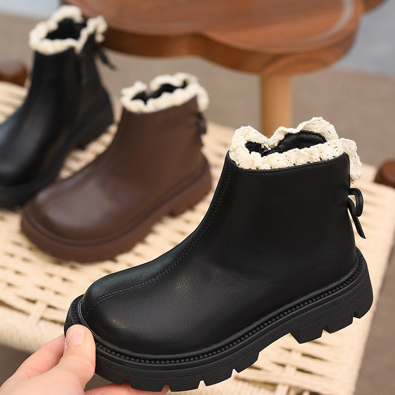 Girls' Fleece Boots, Kidsren's Small Leather Boots, Girls' Warm Princess Boots, 2025 Autumn and Winter New Short Boots, Cute Cotton Boots