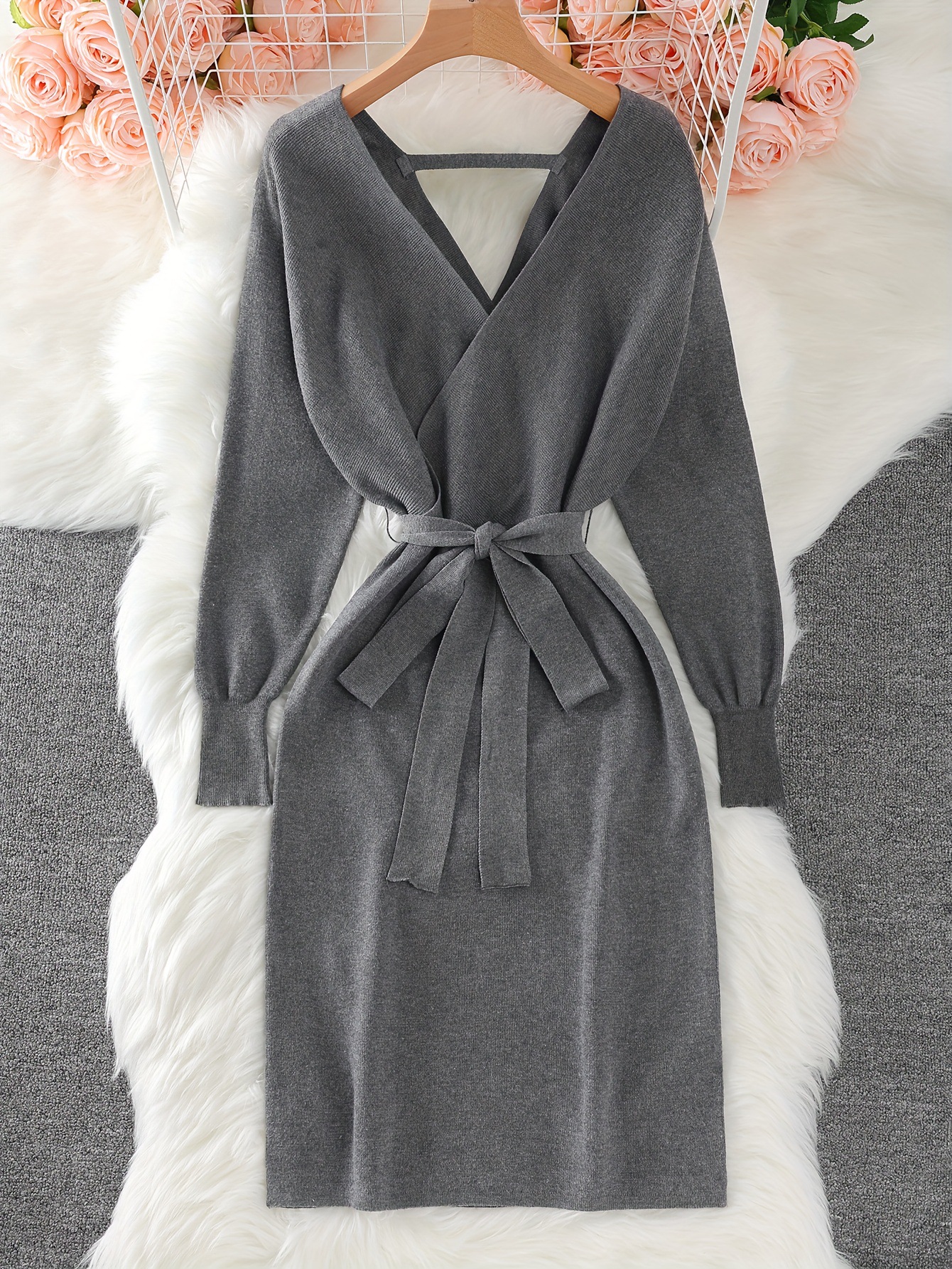 Women's Solid Color Knitted Dress With Bow Belt V Neck Long Sleeve Fashion_voghion.com