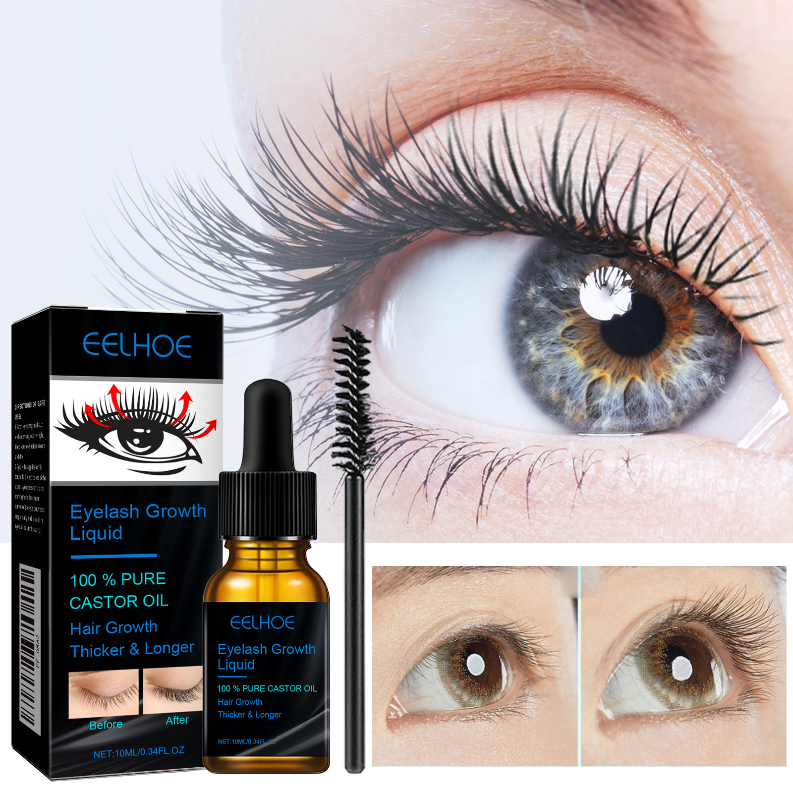 EELHOE Castor Oil Mascara Daily Natural Eyelash Curling Beautiful Makeup Holding Gentle Moisturizing Care Solution