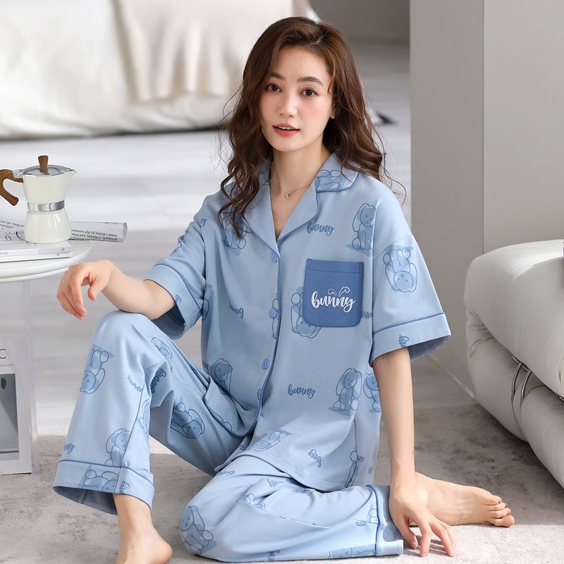 Pijamas de mujer de verano 100% algodón pantalones de manga corta de verano de las mujeres de estilo coreano ropa de abrigo casual homewear