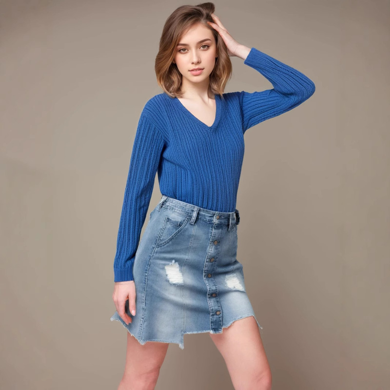 V-Neck Cable Knit Sweater for Women, Slimming Knit Pullover, Versatile Long-Sleeve Slim Fit